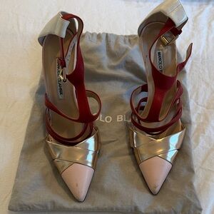 Manolo Blahnik Red and Gold Strappy Heels